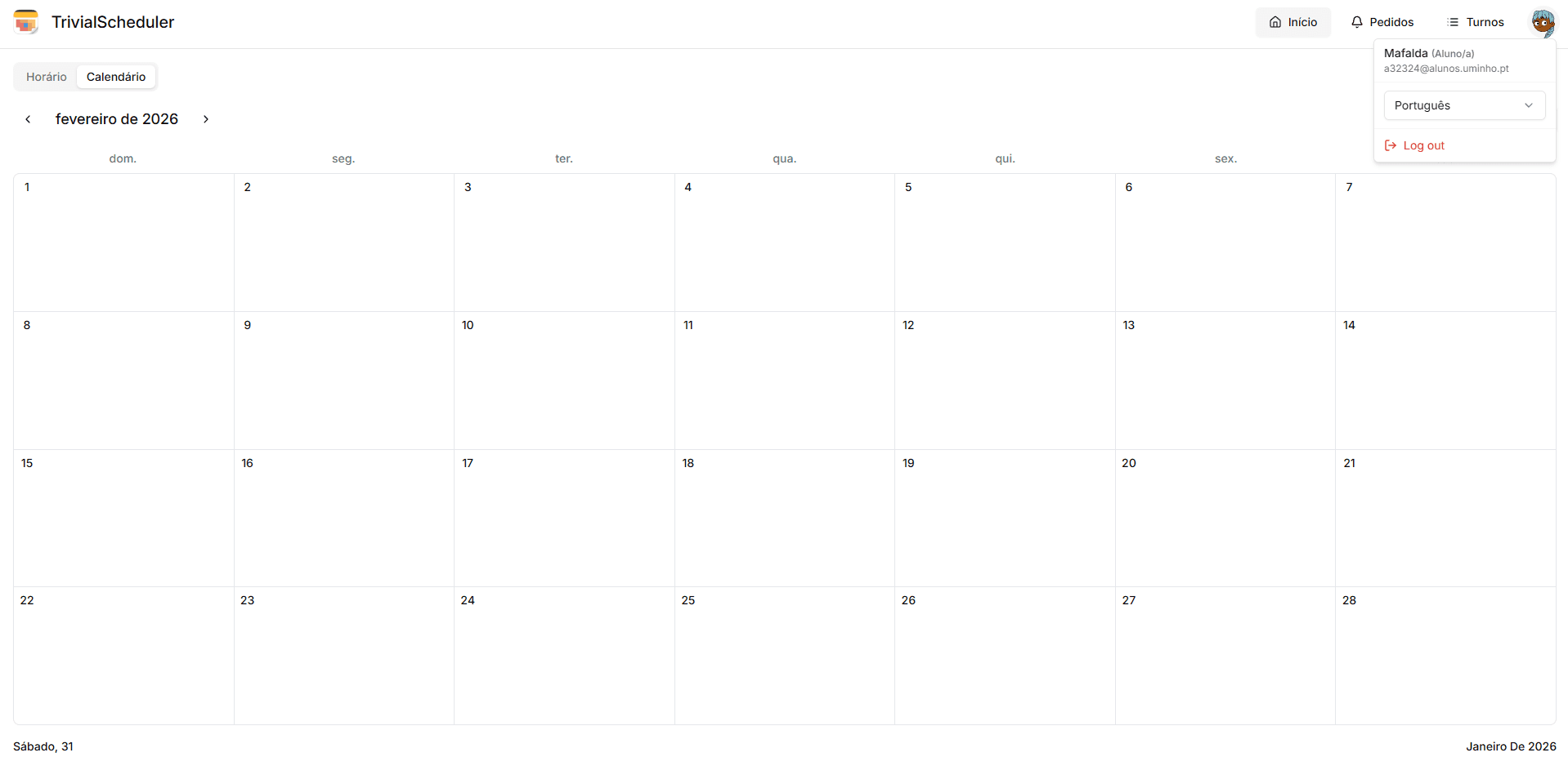 View of Student Calendar